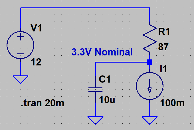 LTspice schematic: 12 V source, 87 ohm series resistor, 10 uF capacitor, 100 mA load current
