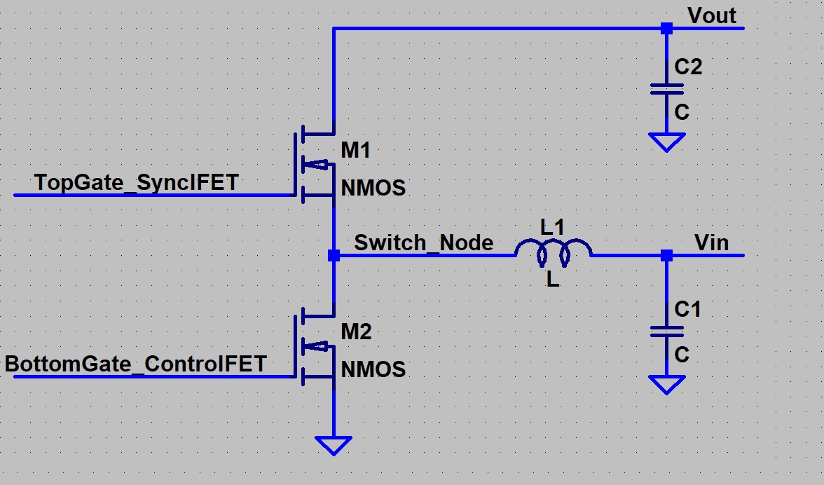 Synchronous Boost Converter – Low-side Control FET (M1), High-side Sync FET (M2), Inductor L1, Output Capacitor C1