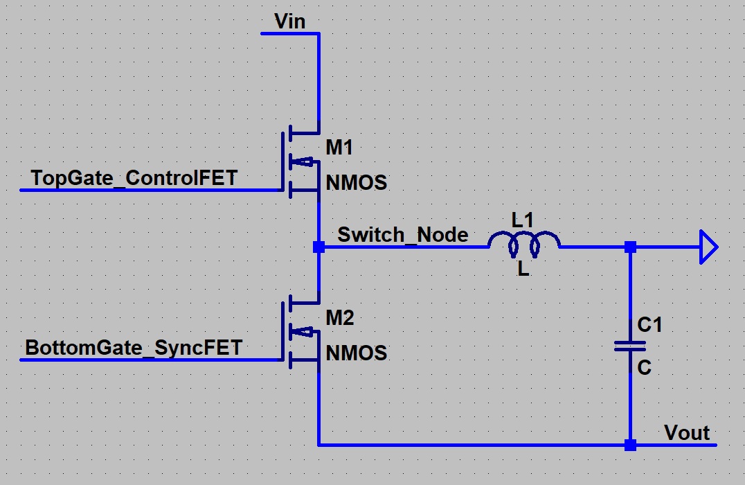 Inverting Buck-Boost Converter – Low-side Control FET (M1), High-side Sync FET (M2), Inductor L1, Output Capacitor C1